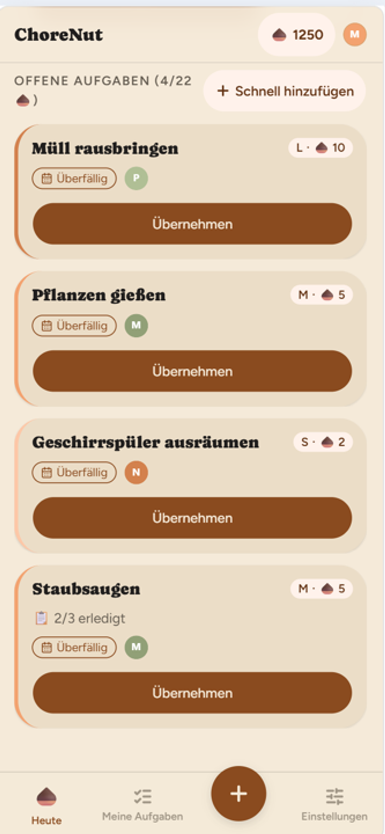 ChoreNut Aufgabenliste mit Checklisten-Fortschrittsanzeige auf einer Aufgaben-Karte