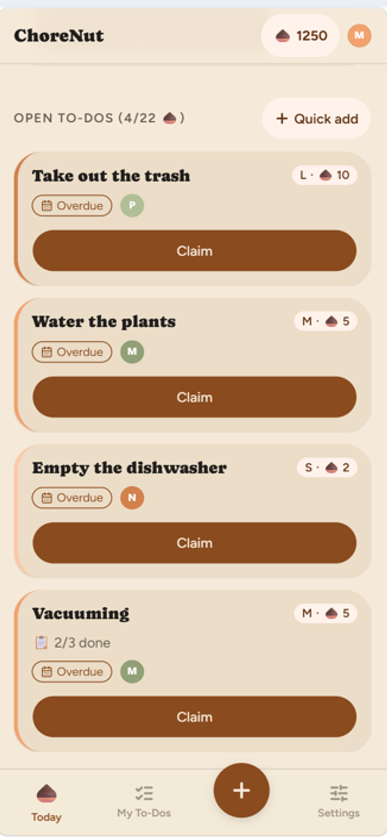 ChoreNut task list with a checklist progress indicator on a task card