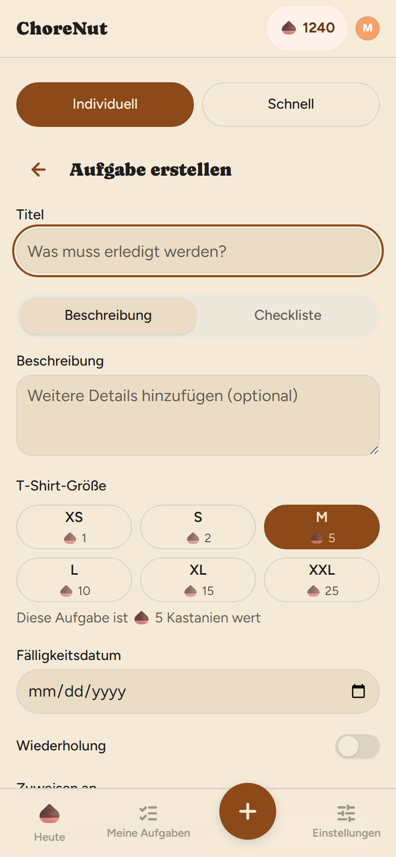 ChoreNut Aufgabe-erstellen-Formular mit T-Shirt-Größen und Zuständigkeit