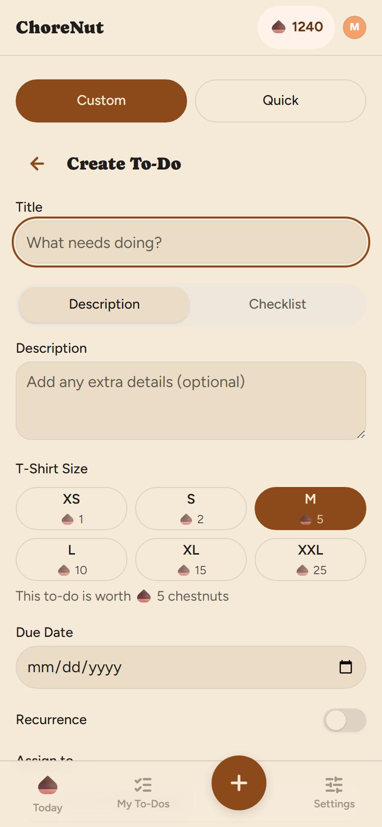 ChoreNut Create To-Do form with T-shirt sizes and assignee picker