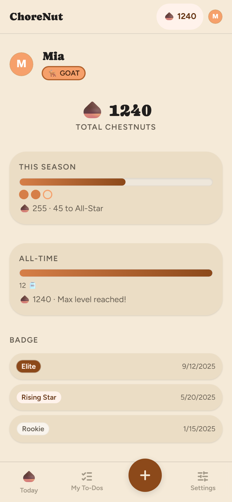 ChoreNut profile screen with total chestnuts and badges
