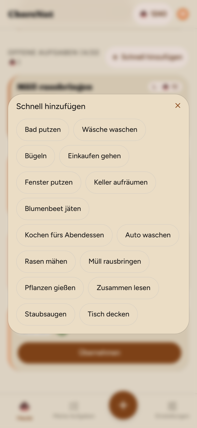ChoreNut Schnell-hinzufügen-Dialog mit häufigen Aufgaben zum Antippen