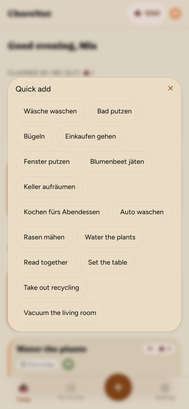 ChoreNut Quick Add dialog with frequent tasks to tap