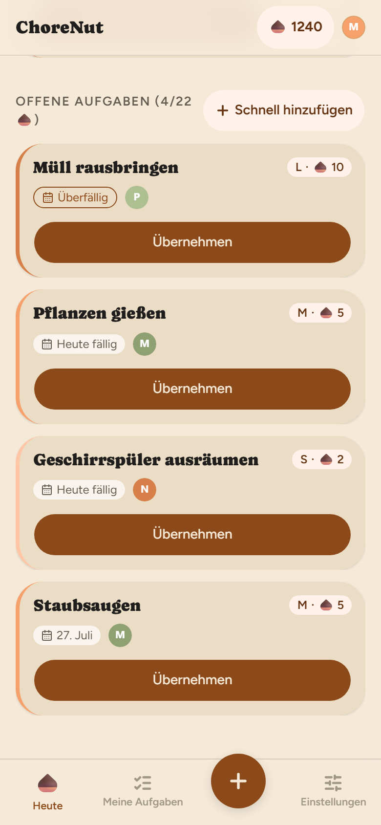 ChoreNut Heute-Ansicht: Familienaufgaben mit Kastanien-Belohnung je Größe