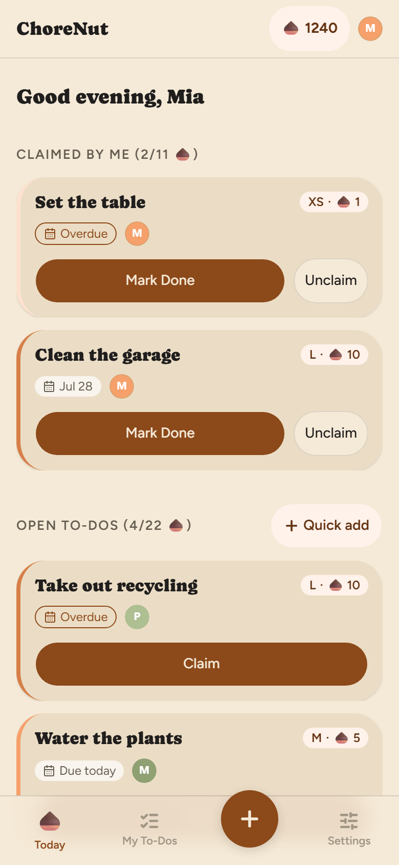 ChoreNut Today screen: family task list with chestnut rewards per size